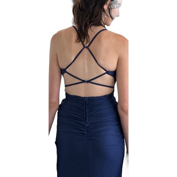 B Darlin Navy Blue Ruched Spaghetti Strap Backless Dress Size 1/2 - Picture 9 of 11